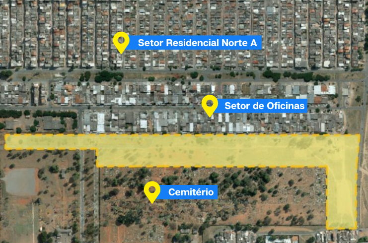 O projeto de parcelamento elaborado pela Seduh abrange uma área de 9,97 hectares, o equivalente a mais de nove campos de futebol, situada entre o setor de oficinas e o cemitério de Planaltina | Imagem: Divulgação/Seduh