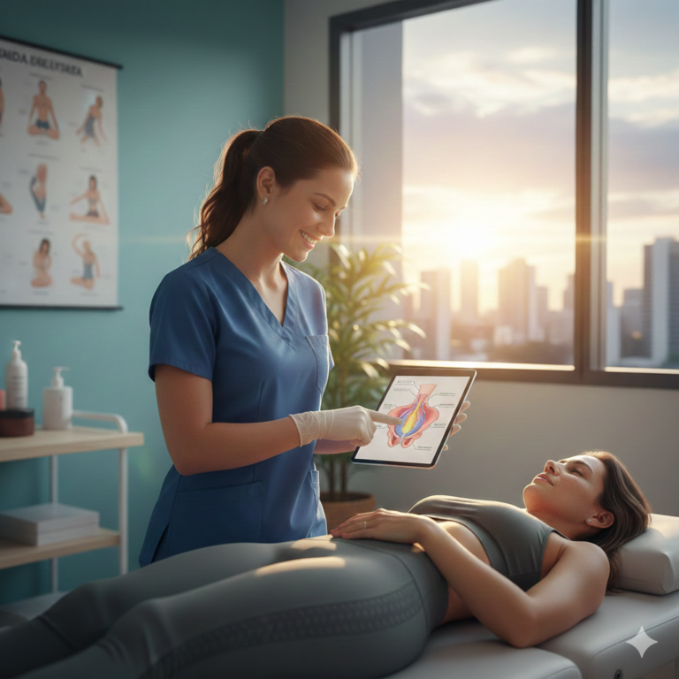 A fisioterapia pélvica é fundamental para tratar condições que muitas mulheres enfrentam em silêncio. O serviço abrange: